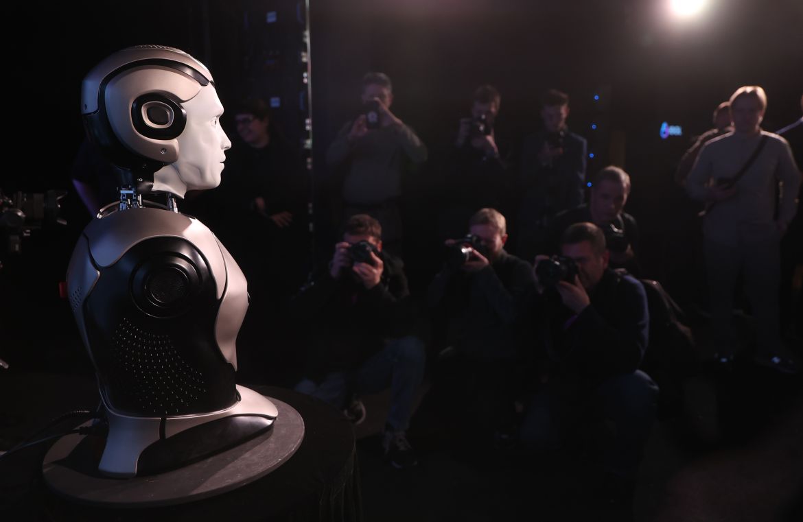epa12519046 The first Russian anthropomorphic robot 'AIDOL' reacts during the presentation of the first Russian anthropomorphic robotic platform with AI - Embodied AI by Russian company AIDOL, in Moscow, Russia, 11 November 2025. EPA/MAXIM SHIPENKOV