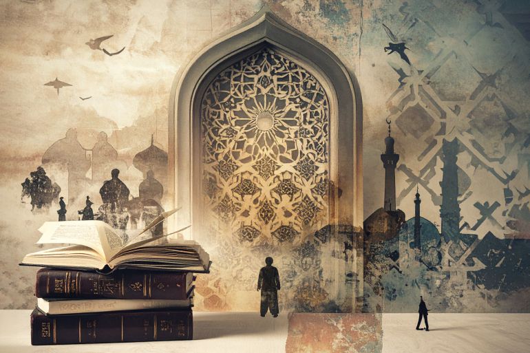 تصميم خاص لوحة فنية رقمية آسرة تجمع بين عظمة الفن الإسلامي وعمق المعرفة. تُظهر الصورة أقواسًا مزخرفة بجمال، وكتبًا قديمة ترمز إلى التراث الثقافي الغني، وشخصيات غامضة تستكشف التاريخ الروحي والمعرفي. صورة مولدة بلذكاء الصناعي